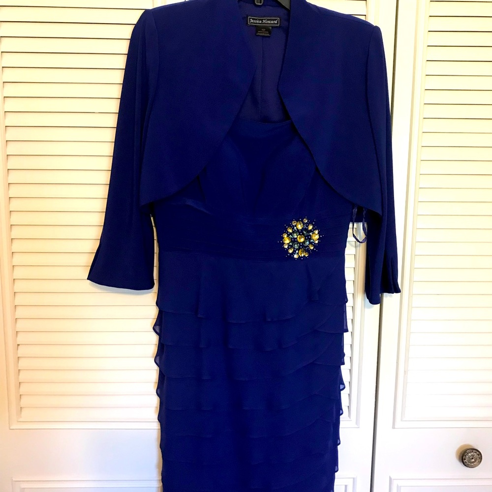 Cocktail dress size 10P Royal Blue.  Thin straps with cover up jacket. Bling.